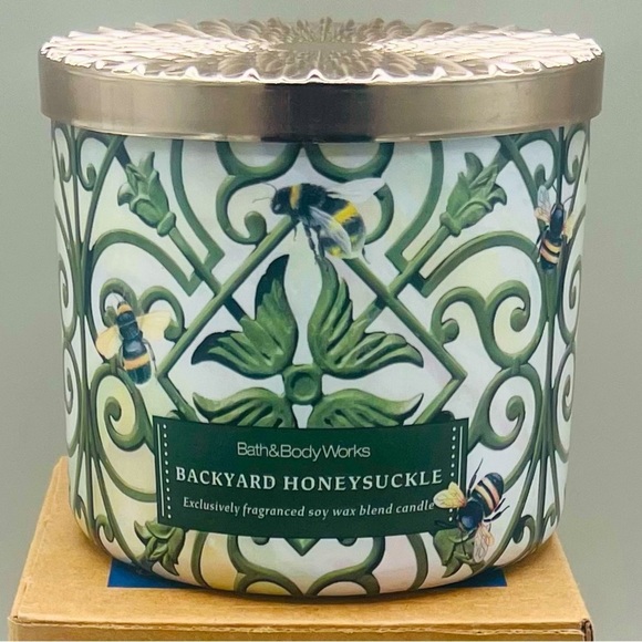 Bath & Body Works 🐝 Backyard Honeysuckle 🐝 3 Wick Candle 14.5 oz ~ New In Box - Picture 2 of 8